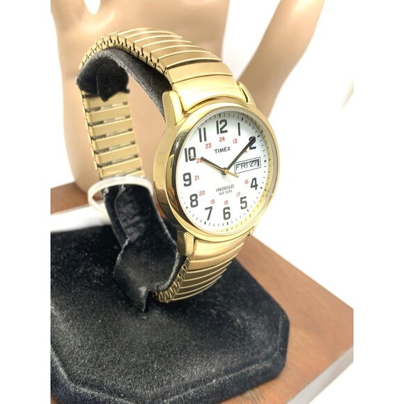 Timex Men's Watch T2N092 Indiglo White Dial Quartz Gold Tone Expansion Band 35mm - Picture 14 of 14
